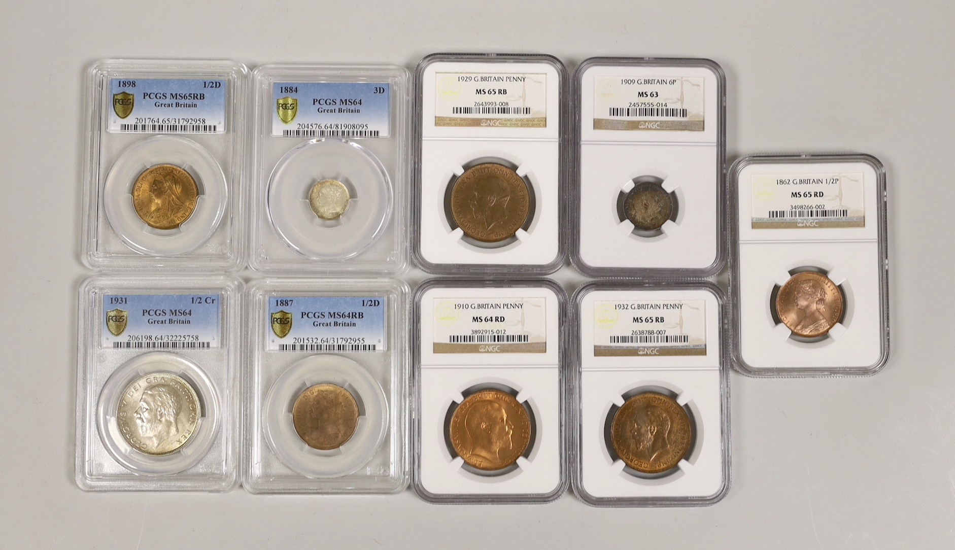 British coins, NGC and PCGS slabbed and graded - Victoria halfpenny 1862, threepence 1884, halfpenny 1887 and 1898, Edward VII one penny 1910, sixpence 1909, George V halfcrown 1931, one penny 1929 and 1932 (9)